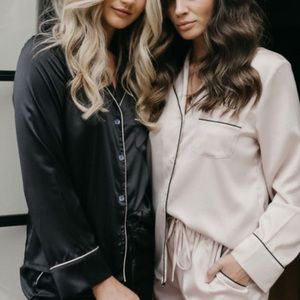 NWT Le Rose Stories Black Rosa Satin Button Down PJ Top S
